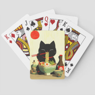 Baralho Gato Preto Feliz Comendo Ramen   Ukiyo-e Japonês