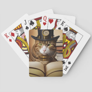 Baralho Gato Steampunk em um chapéu com livros