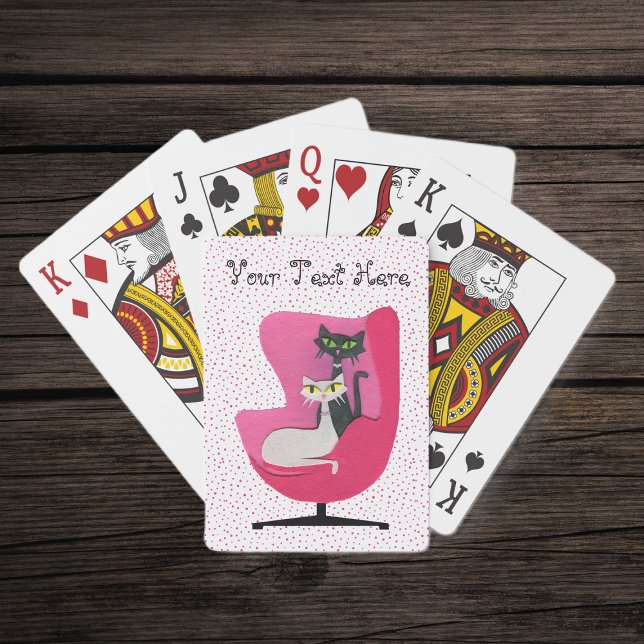 Baralho Gatos de meio século em Cadeira Rosa em Bolinhas R (Two mid century cats in vintage pink chair on white with pink polka dots deck playing cards.)