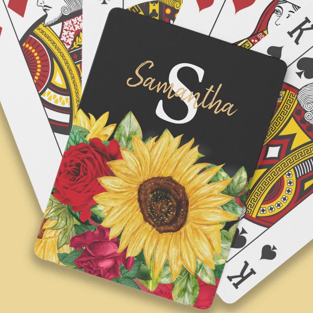 Baralho Girassóis Amarelos Rosas vermelhas Monograma Preto (Sunflowers and roses on black playing cards personalized with your monongram)