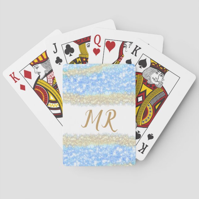 Baralho glitter dourado azul glitter glitter nome monogram (Verso)