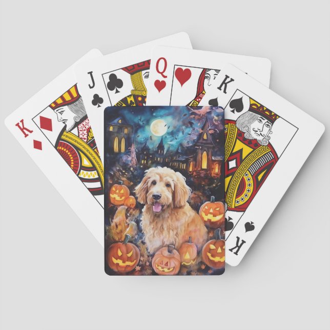 Baralho Goldendoodle do Halloween Com Pumpkins Assustado (Verso)