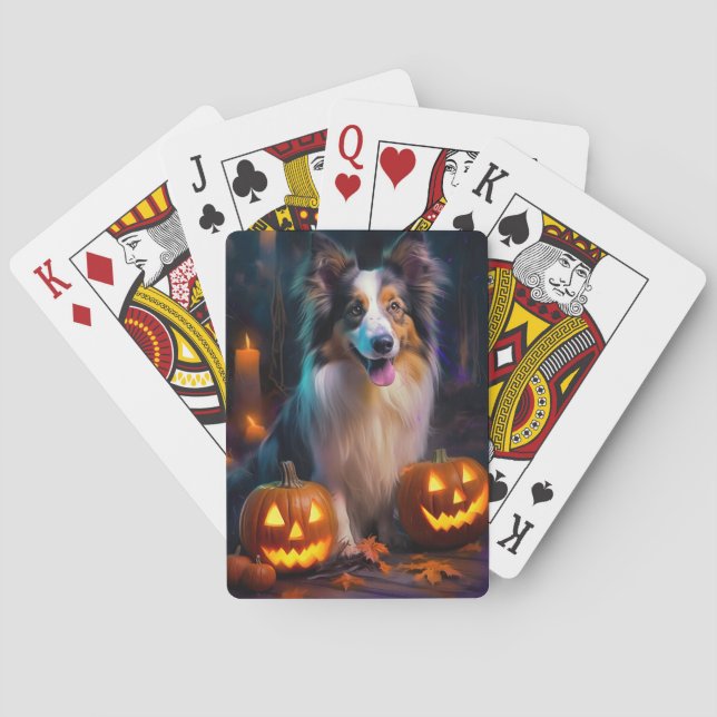 Baralho Halloween Shetland Sheepdog Com Pumpkins Assustado (Verso)