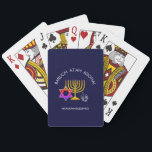 Baralho Hanukkah Blessings | BARUCH ATAH ADONAI | Chanukah<br><div class="desc">Na moda, moderno jogo HANUKKAH. Design mostra um MENORAH dourado com uma ESTRELA multicolorido DE DAVID e cinza prateada DREIDEL. No topo há um texto curvo que diz BARUCH ATAH, ADONAI (Abençoado seja você, Ó Deus) e abaixo do texto lê-se HANUKKAH BLESSINGS. TODO O TEXTO É PERSONALIZÁVEL, para que você...</div>