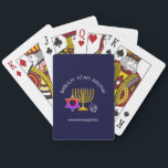 Baralho Hanukkah Blessings | BARUCH ATAH ADONAI | Chanukah<br><div class="desc">Na moda, moderno jogo HANUKKAH. Design mostra um MENORAH dourado com uma ESTRELA multicolorido DE DAVID e cinza prateada DREIDEL. No topo há um texto curvo que diz BARUCH ATAH, ADONAI (Abençoado seja você, Ó Deus) e abaixo do texto lê-se HANUKKAH BLESSINGS. TODO O TEXTO É PERSONALIZÁVEL, para que você...</div>