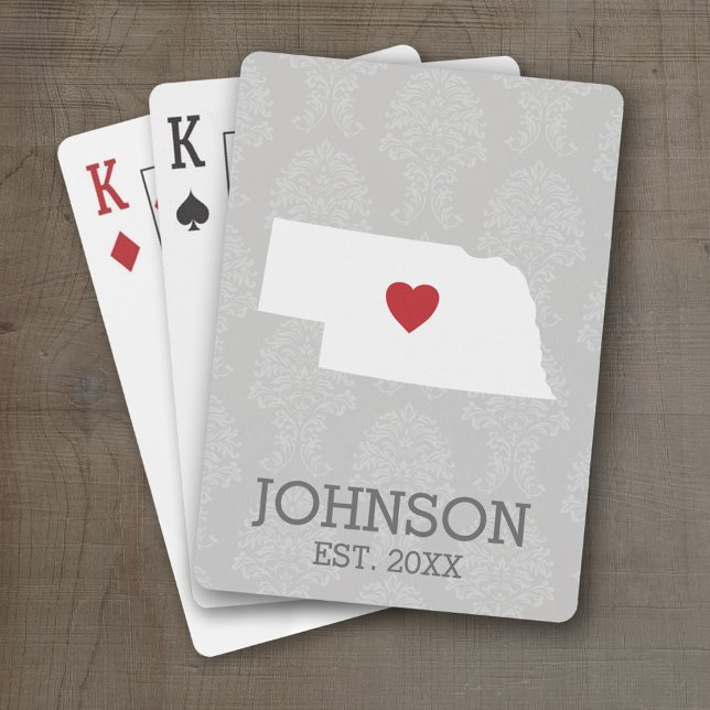 Baralho Home State Map Art - Nome Personalizado Nebraska (Personalized Playing Cards with a State Map, Movable Heart and Name)
