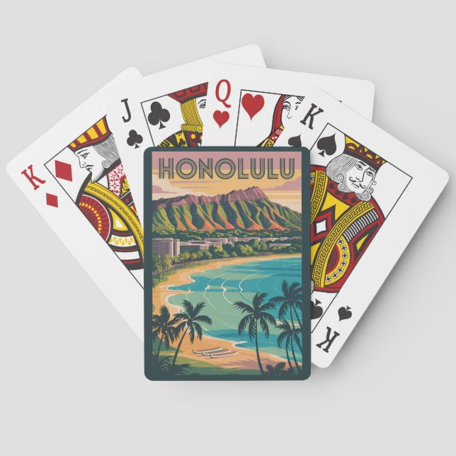 Baralho Honolulu Hawaii Ilustração Viagem Art Vintage (Verso)