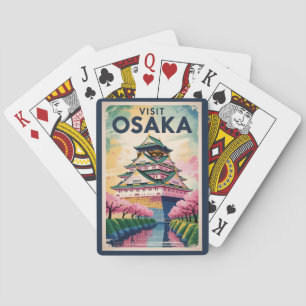 Baralho Ilustração Castelo Japão Osaka Viagem Arte Vintage