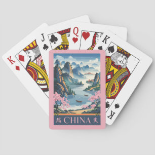 Baralho Ilustração da China Rosa Arte de Viagem Vintage