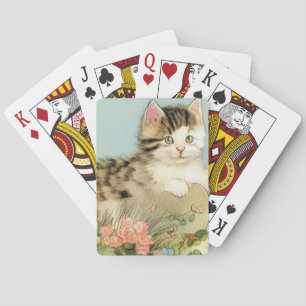 Baralho Ilustração de Gato Vintage com Flores Rosa