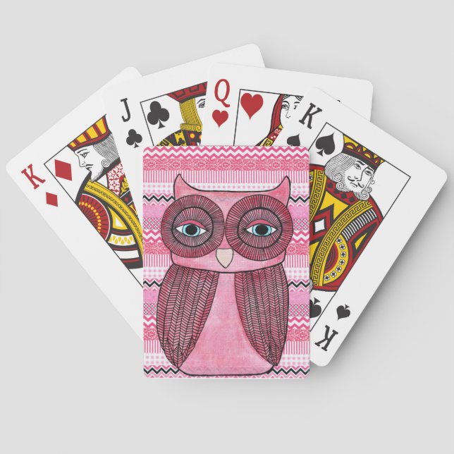 Baralho Ilustração Rosa Girly Owl Tocando Cartões (Verso)