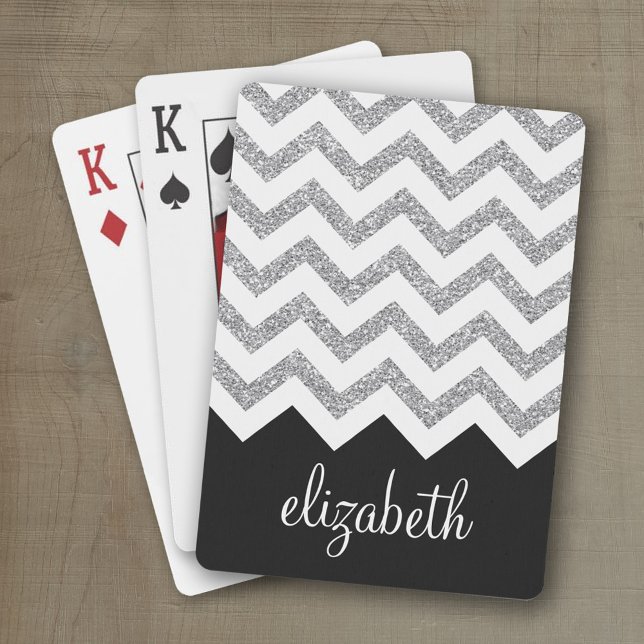 Baralho Impressão Chevron e Nome da Glitter Negra e Silver (Personalized playing cards with a zig zag pattern and a place for a name or monogram)
