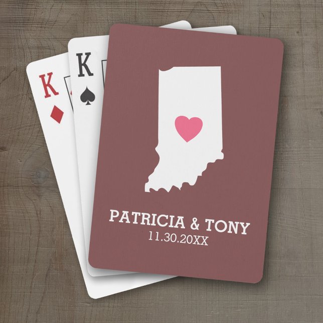 Baralho Indiana Home State Love with Custom Heart (Personalized Playing Cards with a State Map, Movable Heart and Name)