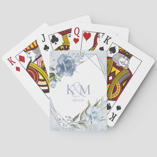 Baralho Iniciais de Casamento Floral Sparkles Dusty Blue I (Verso)