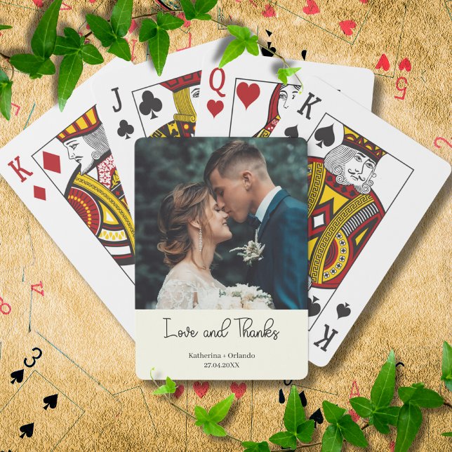 Baralho Ivory Elegant Wedding Love and Thanks Photo (Criador carregado)