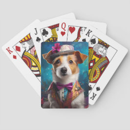 Baralho Jack Russell, chapéu branco, flor rosa