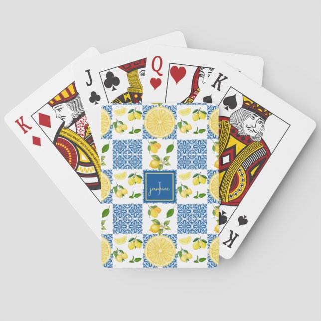 Baralho Lemon Monogram Name French Country Tile Pattern (Verso)