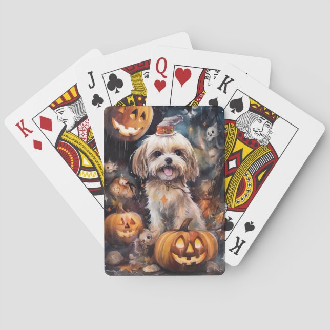 Baralho Lhasa Apso de Halloween com Abóboras Assustador  (Verso)