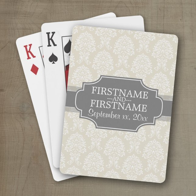 Baralho Linen Beige e Cor damasco de carvão (Wedding and Anniversary Playing Cards - Personalize with your information)
