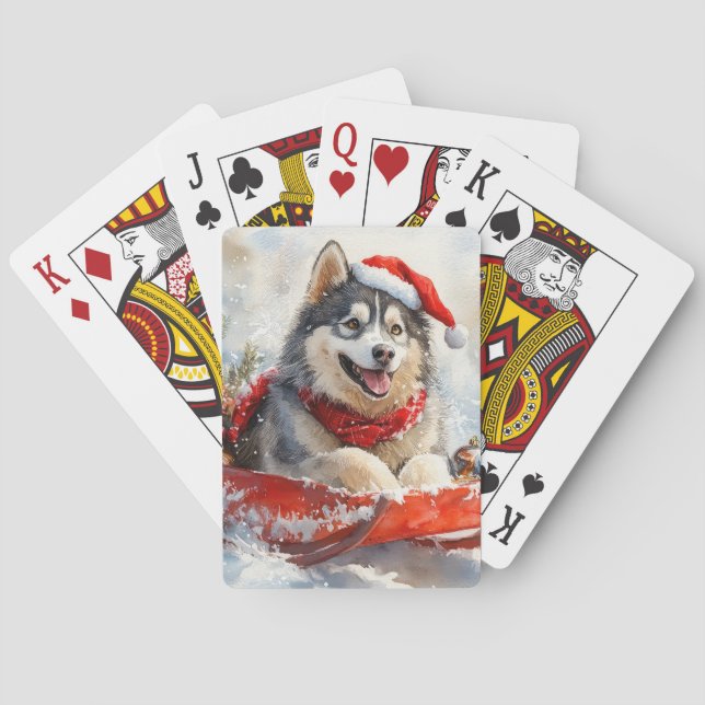 Baralho Malamute do Alasca em Trenó Deixe Nevar Natal (Verso)