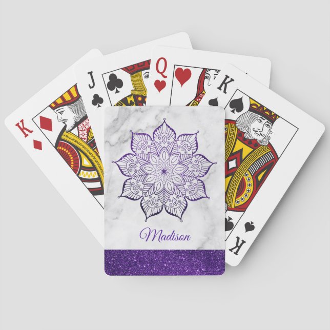 Baralho Mandala de Brilho Falso Roxo em Mármore Branco (Verso)