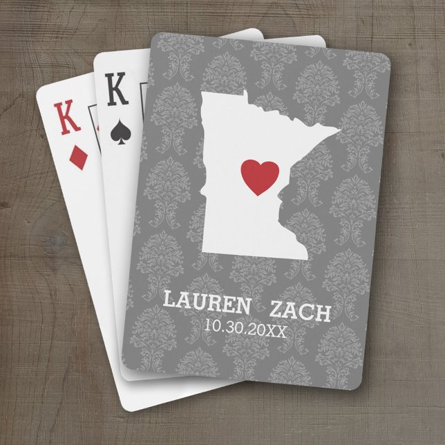 Baralho Mapa da Cidade do Estado de Minnesota - Casamento  (Personalized Playing Cards with a State Map, Movable Heart and Name)