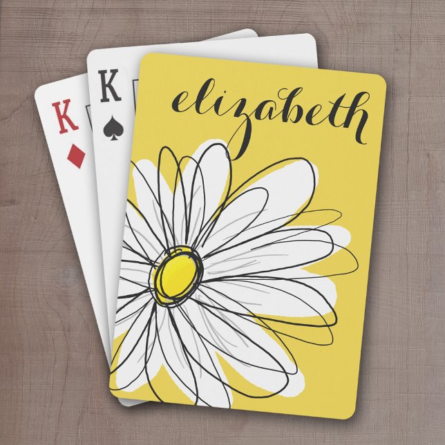 Baralho Margarida Branca e Amarela com Texto Personalizado (Whimsical Daisy Drawing with a place to add your name - personalized playing cards)