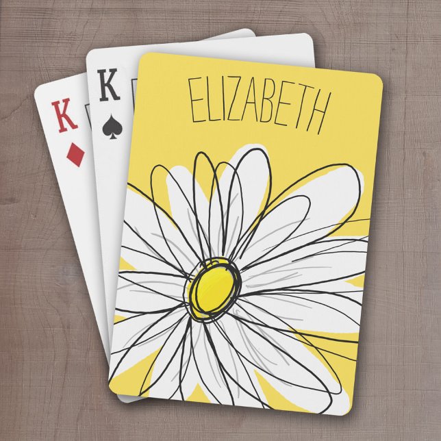 Baralho Margarida Branca e Amarela com Texto Personalizado (Whimsical Daisy Drawing with a place to add your name - personalized playing cards)