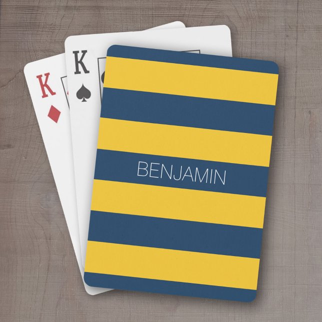 Baralho Marinho Azul e Amarelo Râguebi - Riscas Nome Perso (Personalized playing cards - sporty, preppy stripe pattern with name. Great gift for the guys!)
