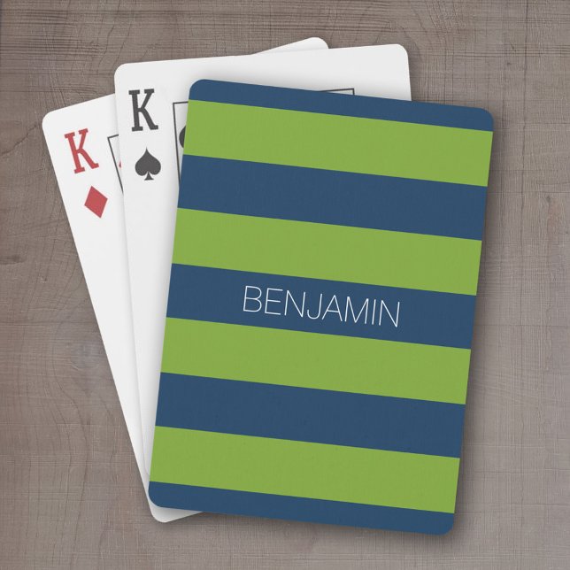 Baralho Marinho Azul e Verde limão Râguebi - Riscas Nome P (Personalized playing cards - sporty, preppy stripe pattern with name. Great gift for the guys!)