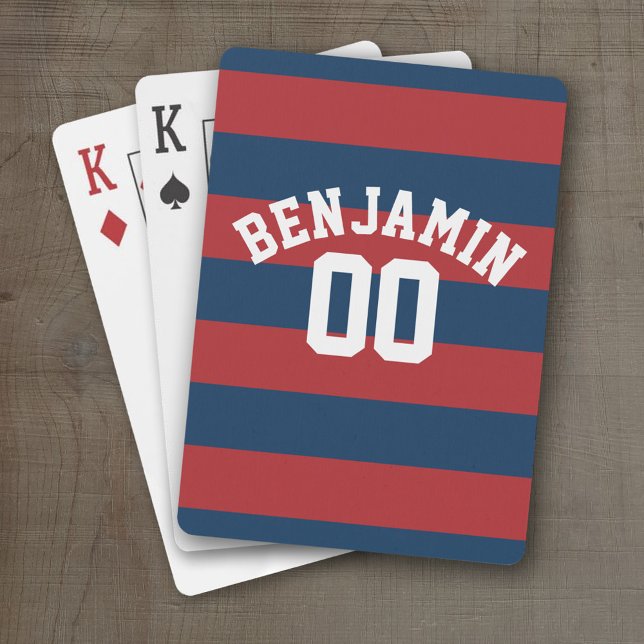 Baralho Marinho Azul e Vermelho Râguebi Número (Personalized Playing Cards - Sports Design)