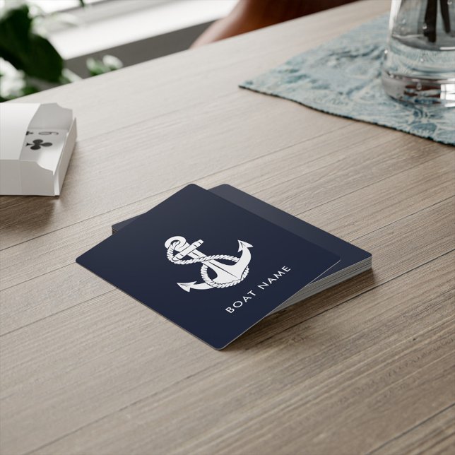 Baralho Marinho de Âncora Náutica Nome de Barco Azul Perso (Nautical Anchor Boat Name Custom Navy Blue Playing Cards)