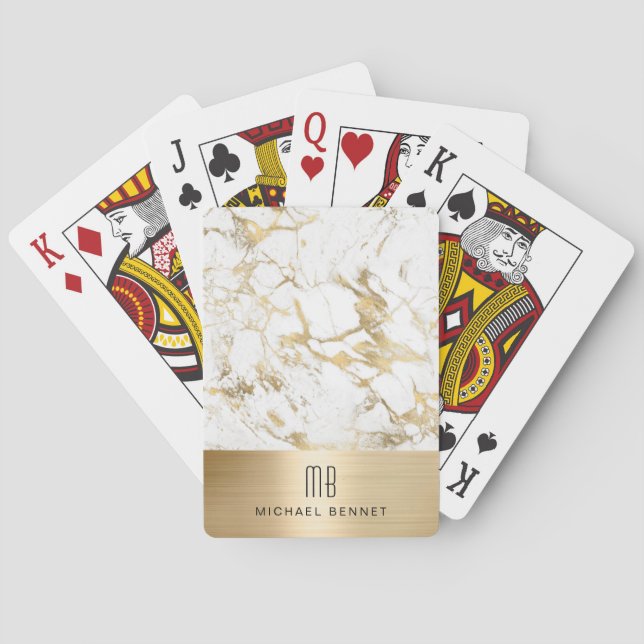 Baralho Mármore Branco Dourado Monogramado Elegante (Verso)