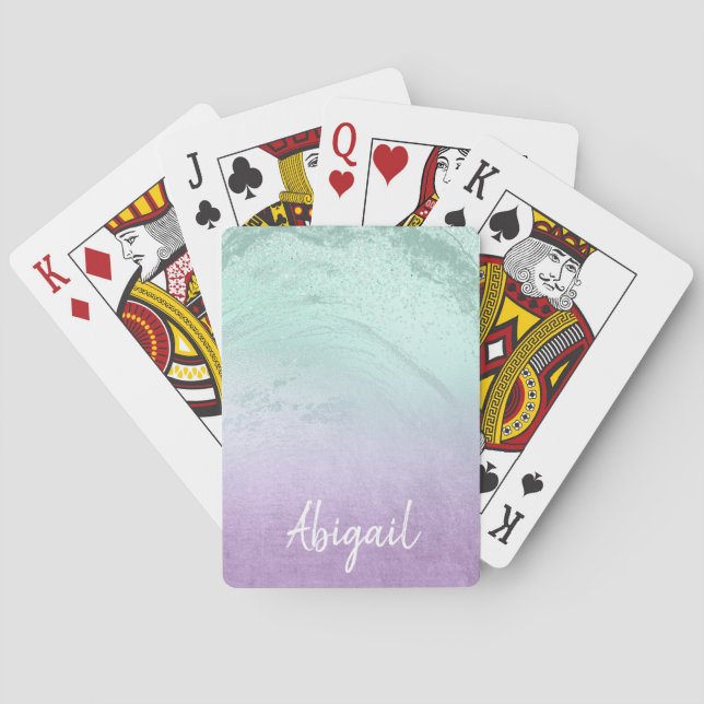 Baralho Mármore roxo e relâmpago de menta moderno (Verso)