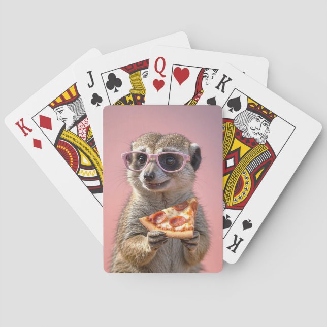 Baralho Meerkat bonito com óculos e pizza (Verso)