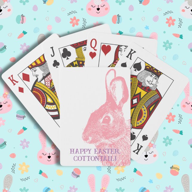 Baralho Mínimo Simples de Coelhinho de Páscoa Rosa (Cute Easter bunny playing cards with stamp like rabbit from a real photo. Customizable with name.)