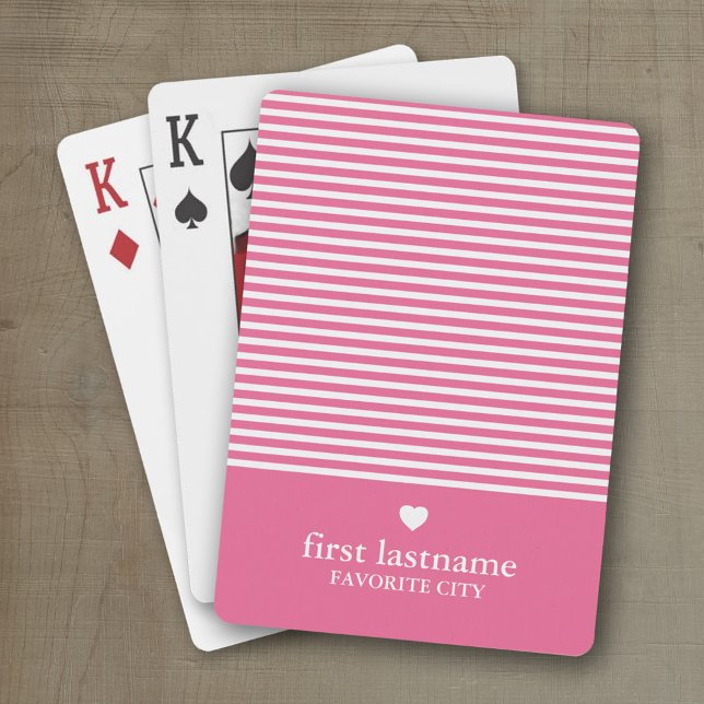 Baralho Modern Stripes with Upscale Heart Monogram Pink (Personalized playing cards with a modern stripe pattern and a place for a name or monogram)
