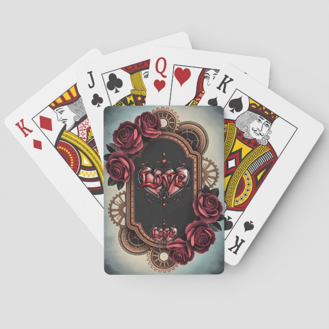 Baralho Moldura Steampunk com Rosas vermelhas e engrenagen (Verso)