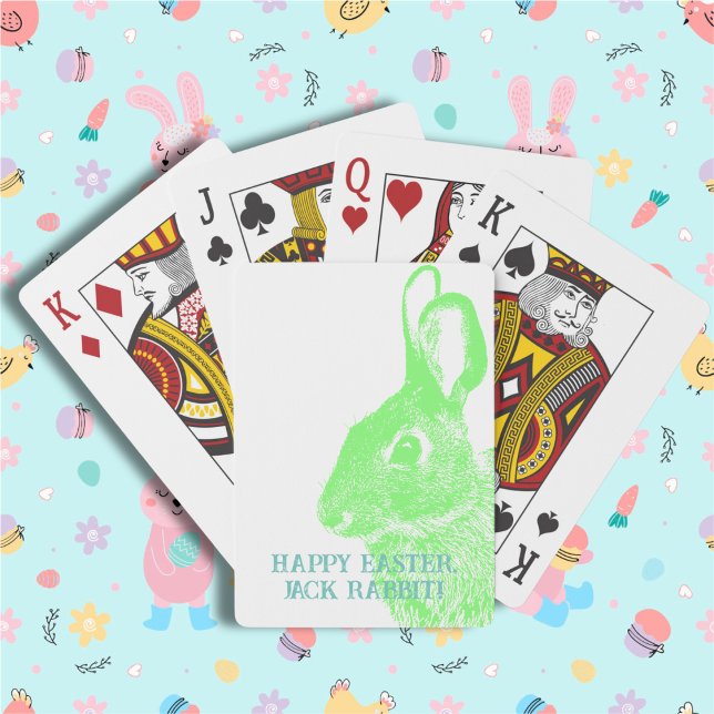 Baralho Monge Verde Mínimo Simples da Páscoa (Cute Easter bunny playing cards with stamp like rabbit from a real photo. Customizable with name.
)