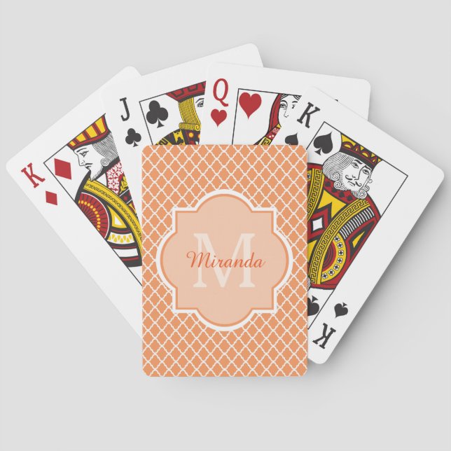 Baralho Monograma alaranjado à moda de Quatrefoil com nome (Verso)