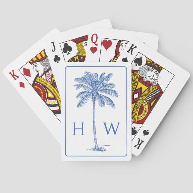 Baralho Monograma da árvore Palmetto de Palma Azul e Branc (Verso)