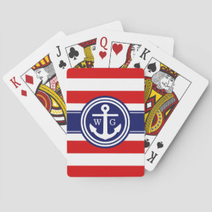 Baralho Monograma de Ancoragem de Stripe de Marinho Vermel