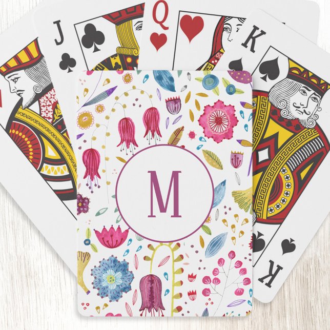 Baralho Monograma de Aquarela Floral Moderna (Modern personalized monogram initial watercolor floral botanical art playing cards)