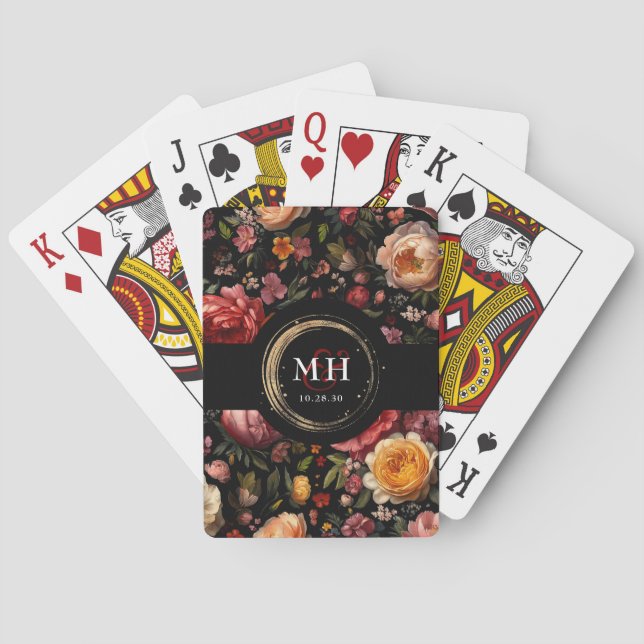 Baralho Monograma de Casamento Barroco Barroco Botânico Fl (Verso)