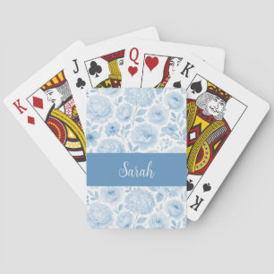 Baralho Monograma de Nome Floral em Aquarela Azul Branco
