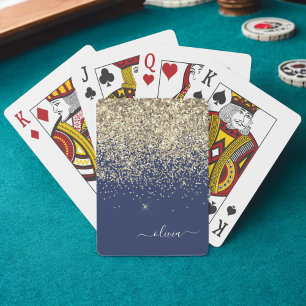 Baralho Monograma de Nome Glitter Azul Marinho Dourado Fem