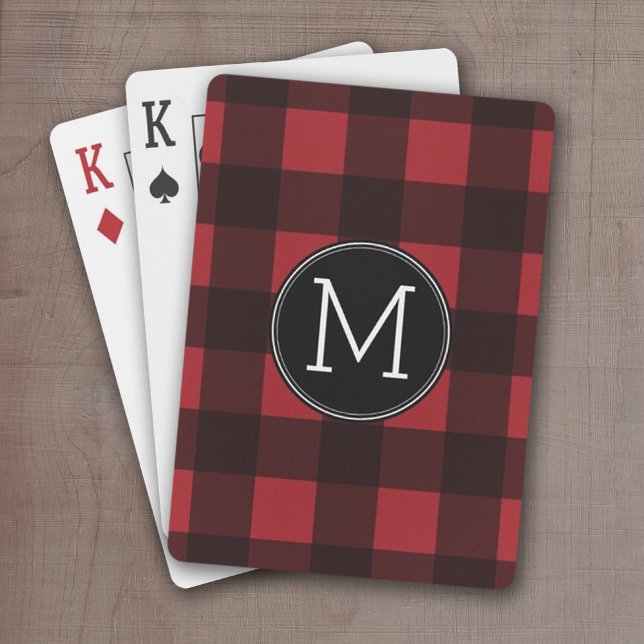 Baralho Monograma de Padrão de Xadrez de Buffalo Vermelho  (Red and Black buffalo Check with monogram - personalized playing cards)