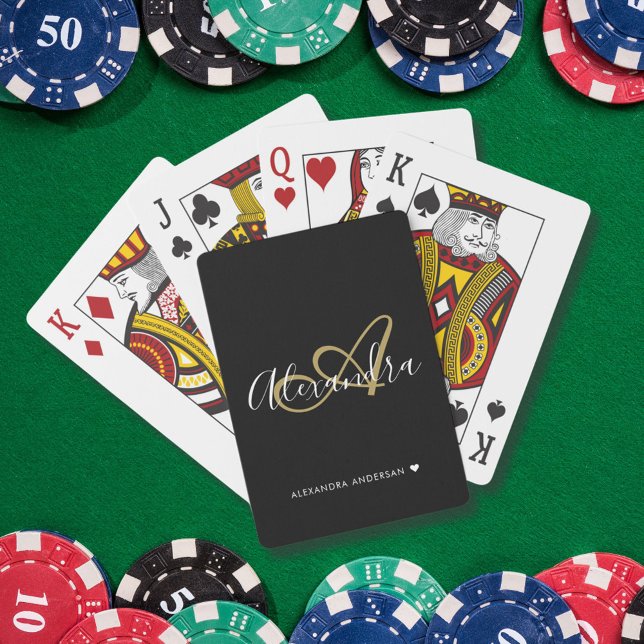 Baralho Monograma do Nome Inicial do Script Ouro Preto Ele (Elegant Black Gold Script Initial Name Monogram Poker Cards)