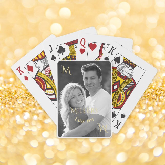 Baralho Monograma Dourado de Fotografia da Família Branca  (Vintage Black and White Family Photo Gold Monogram Playing Cards)