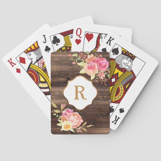 Baralho Monograma Dourado Flores Rosa Madeira Marrom Rústi (Verso)